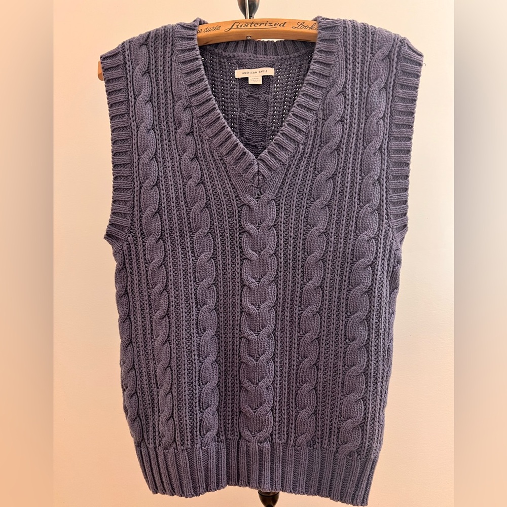 American Eagle Outfitters Blue Cable Pattern V-Neck Sweater Vest